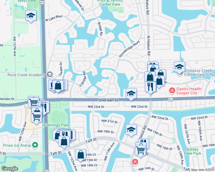 map of restaurants, bars, coffee shops, grocery stores, and more near 11575 Waterford Court in Hollywood