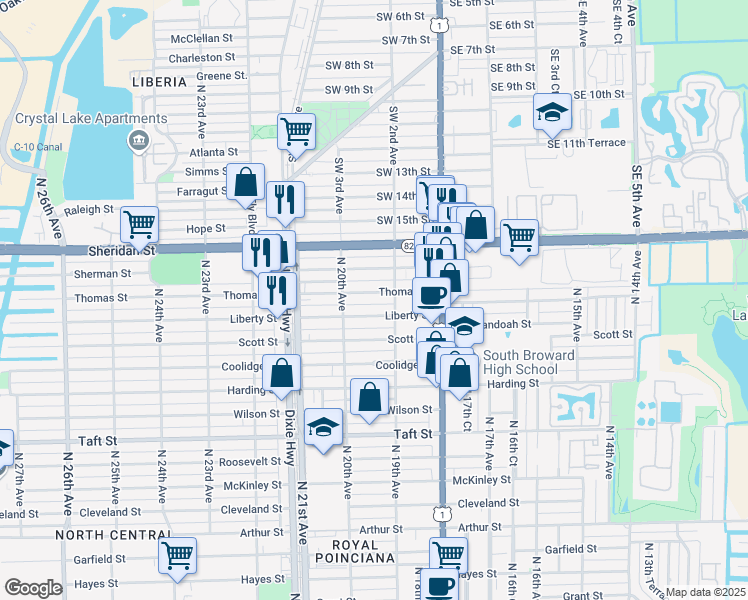 map of restaurants, bars, coffee shops, grocery stores, and more near 1935 Liberty Street in Hollywood