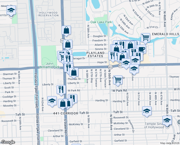 map of restaurants, bars, coffee shops, grocery stores, and more near 2321 North 57th Way in Hollywood