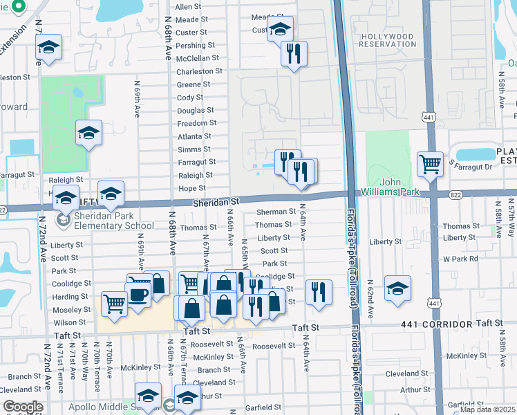 map of restaurants, bars, coffee shops, grocery stores, and more near 6500 Sherman Street in Hollywood