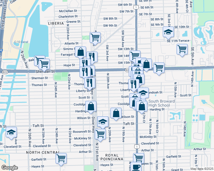 map of restaurants, bars, coffee shops, grocery stores, and more near 2011 Liberty Street in Hollywood