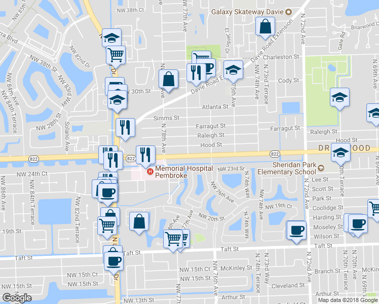 map of restaurants, bars, coffee shops, grocery stores, and more near 7691 Sheridan Street in Hollywood