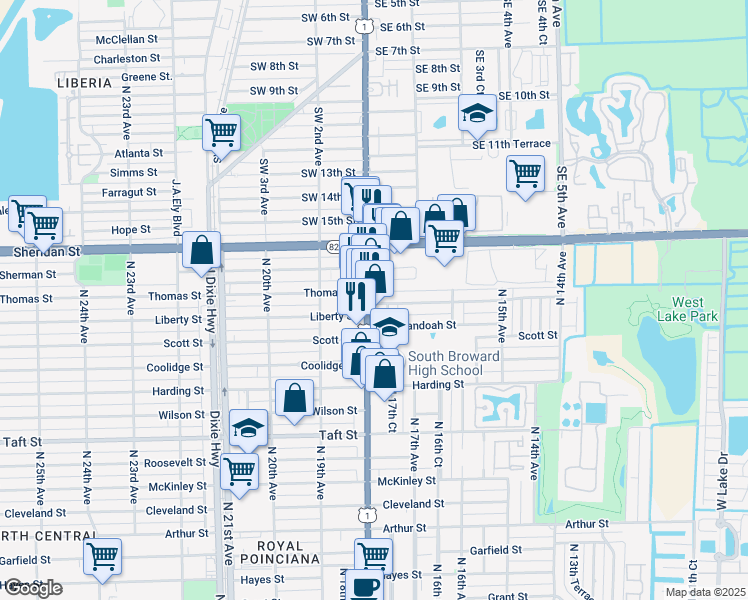 map of restaurants, bars, coffee shops, grocery stores, and more near 2200 North Federal Hwy in Hollywood
