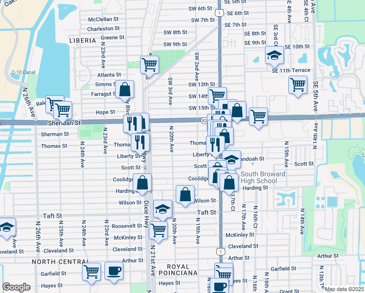 map of restaurants, bars, coffee shops, grocery stores, and more near 1935 Liberty Street in Hollywood