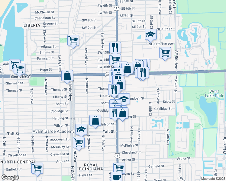 map of restaurants, bars, coffee shops, grocery stores, and more near 2200 North Federal Hwy in Hollywood