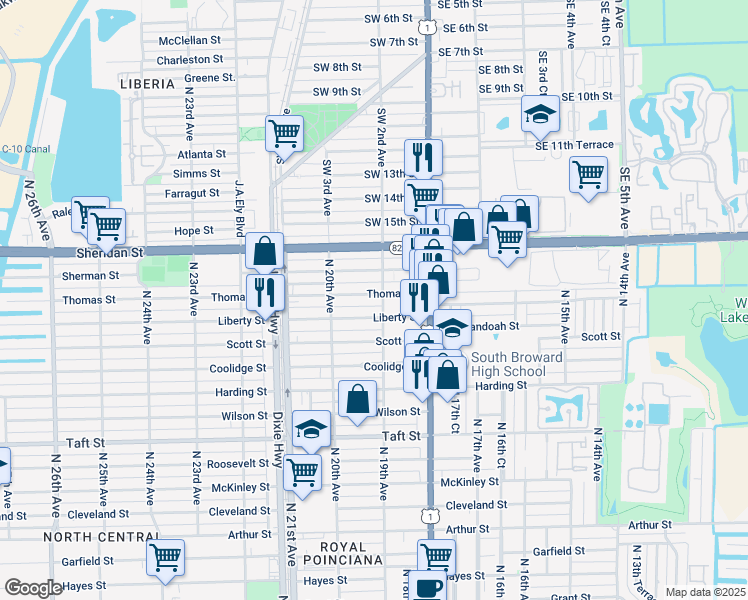 map of restaurants, bars, coffee shops, grocery stores, and more near 1855 Liberty Street in Hollywood