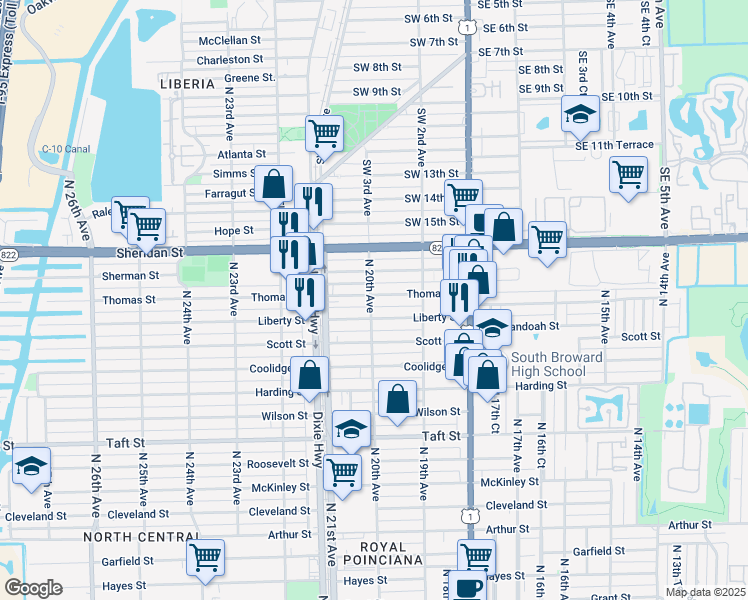 map of restaurants, bars, coffee shops, grocery stores, and more near 2011 Liberty Street in Hollywood