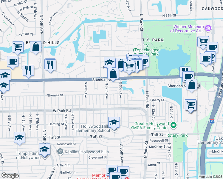 map of restaurants, bars, coffee shops, grocery stores, and more near 3641 Thomas Street in Hollywood