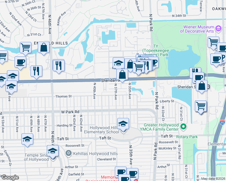 map of restaurants, bars, coffee shops, grocery stores, and more near 3641 Thomas Street in Hollywood