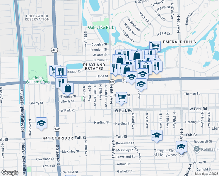 map of restaurants, bars, coffee shops, grocery stores, and more near 2320 North 56th Avenue in Hollywood