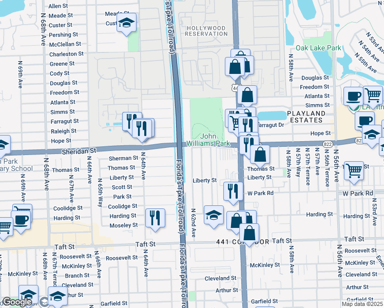 map of restaurants, bars, coffee shops, grocery stores, and more near 2330 North 62nd Avenue in Hollywood