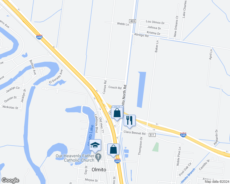 map of restaurants, bars, coffee shops, grocery stores, and more near 36350-36488 Olmito North Road in Los Fresnos