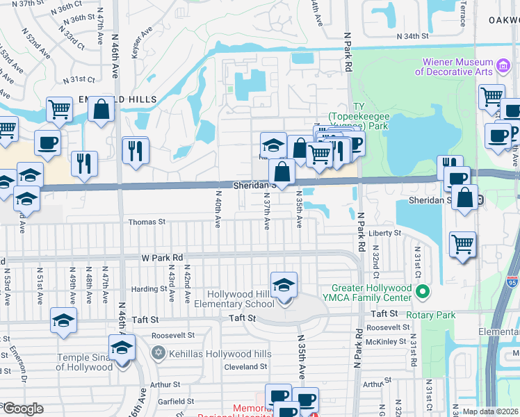 map of restaurants, bars, coffee shops, grocery stores, and more near 3641 Thomas Street in Hollywood