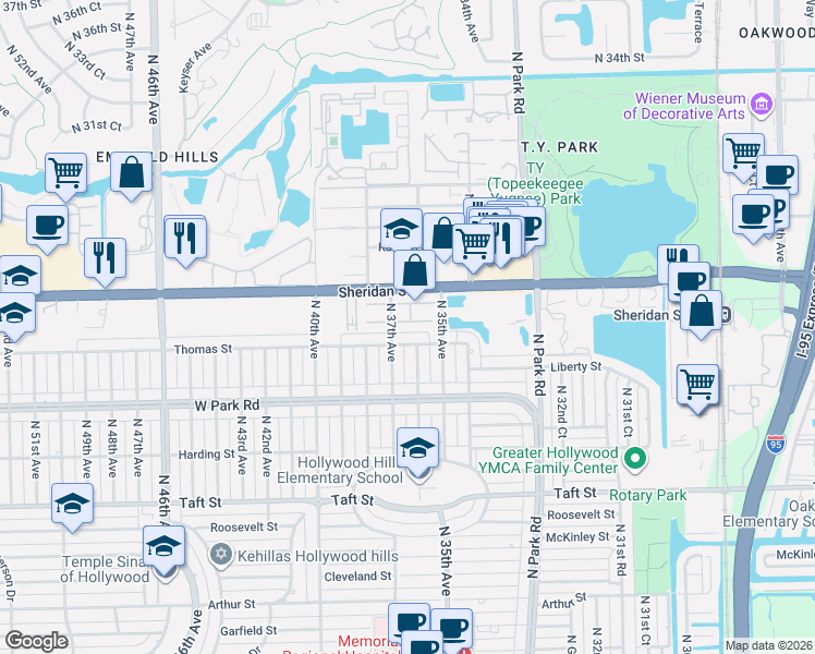 map of restaurants, bars, coffee shops, grocery stores, and more near 3641 Thomas Street in Hollywood