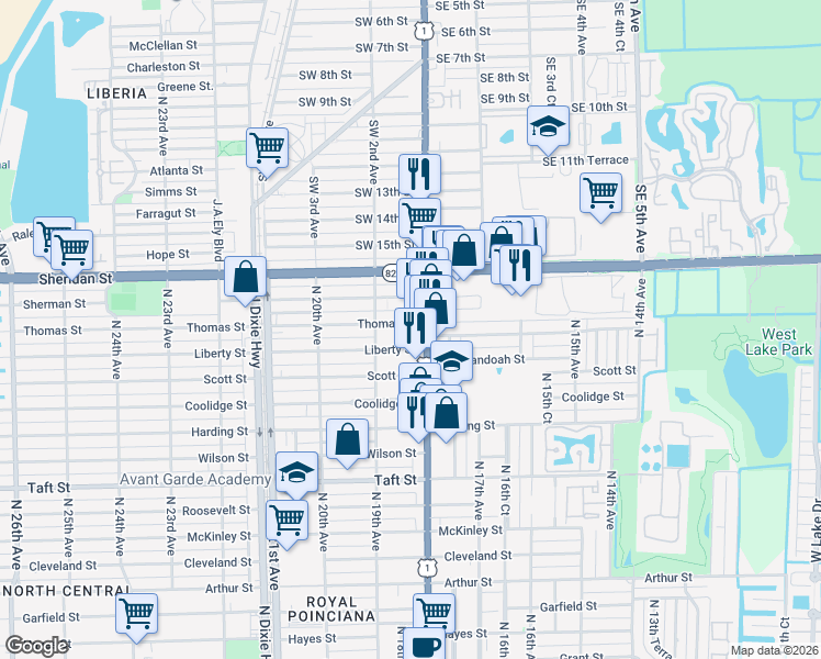 map of restaurants, bars, coffee shops, grocery stores, and more near 2200 North Federal Hwy in Hollywood