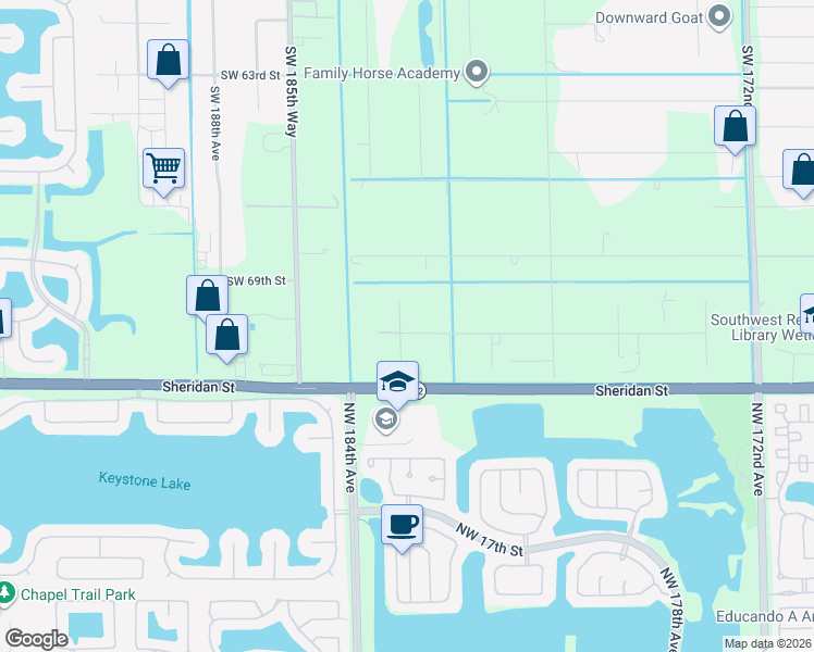 map of restaurants, bars, coffee shops, grocery stores, and more near 18140 Southwest 70th Place in Southwest Ranches