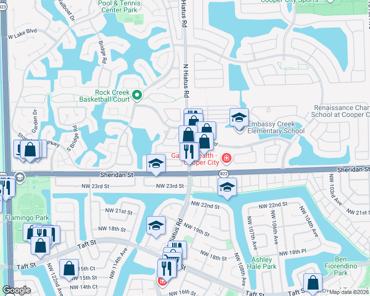 map of restaurants, bars, coffee shops, grocery stores, and more near 2603 North Hiatus Road in Hollywood