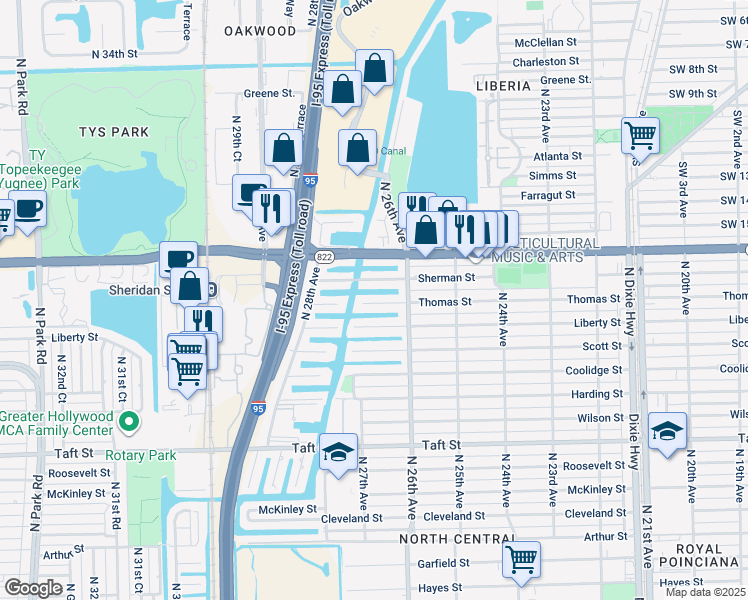 map of restaurants, bars, coffee shops, grocery stores, and more near 2635 Thomas Street in Hollywood