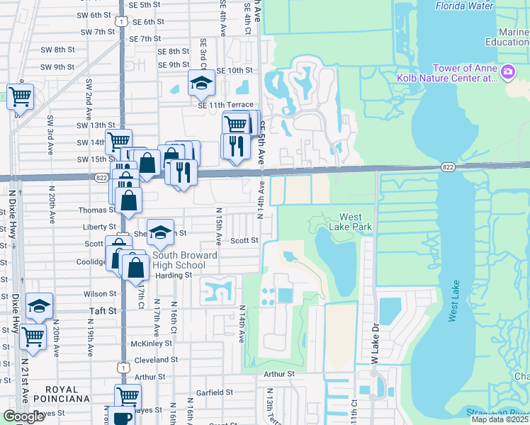 map of restaurants, bars, coffee shops, grocery stores, and more near 2185 North 14th Avenue in Hollywood
