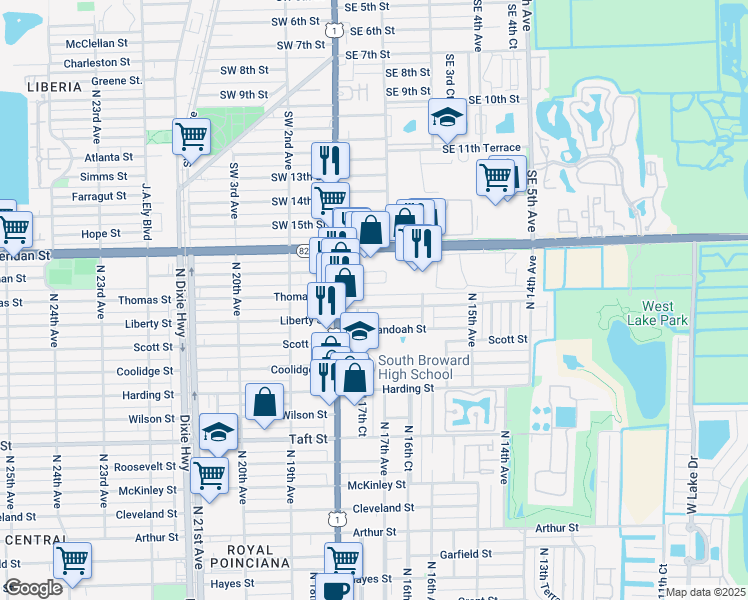 map of restaurants, bars, coffee shops, grocery stores, and more near 2145 North 17th Court in Hollywood