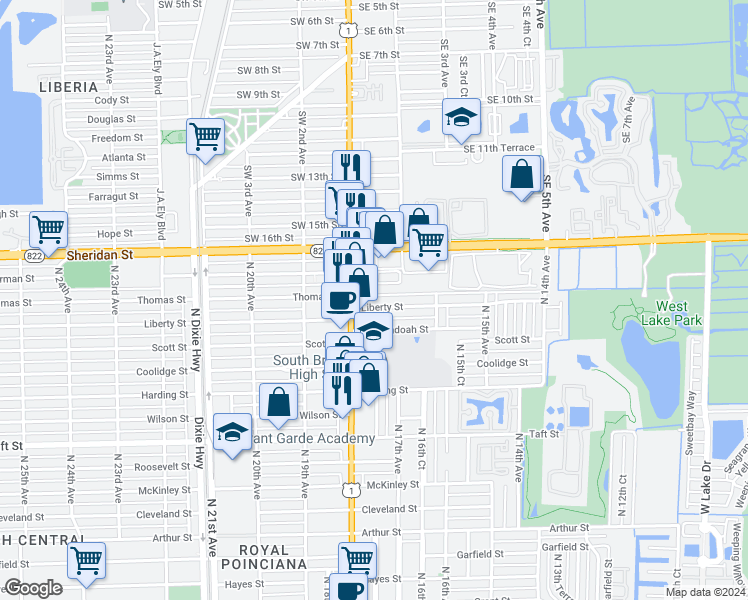 map of restaurants, bars, coffee shops, grocery stores, and more near 2145 North 17th Court in Hollywood