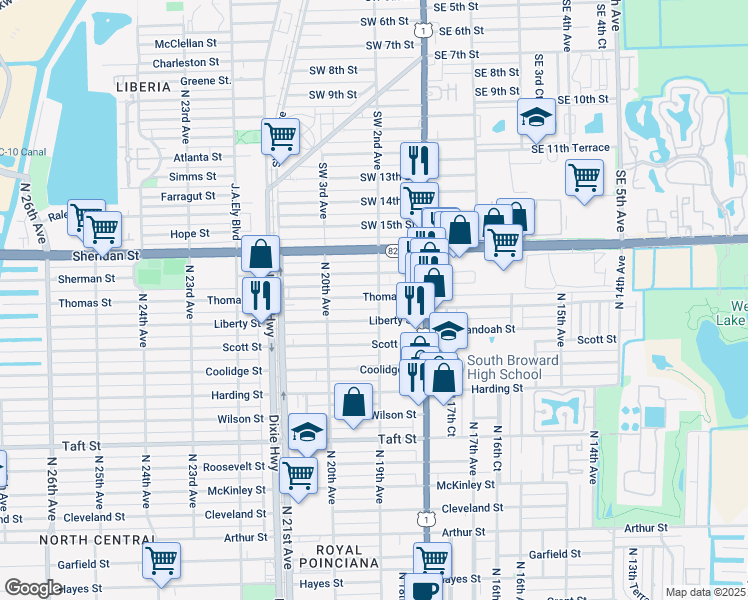 map of restaurants, bars, coffee shops, grocery stores, and more near 1855 Liberty Street in Hollywood