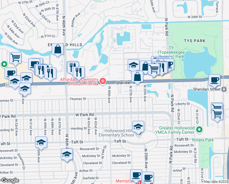 map of restaurants, bars, coffee shops, grocery stores, and more near 2421 North 40th Avenue in Hollywood