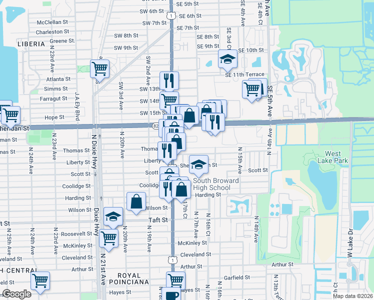 map of restaurants, bars, coffee shops, grocery stores, and more near 1727 Liberty Street in Hollywood