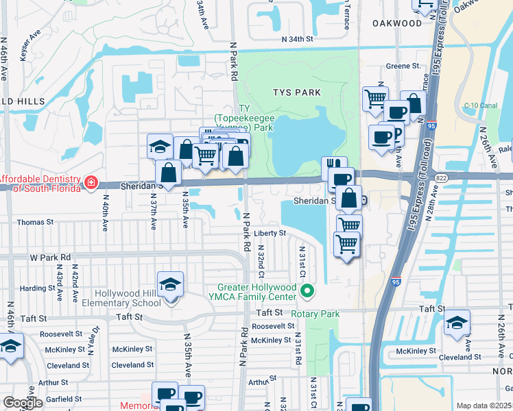 map of restaurants, bars, coffee shops, grocery stores, and more near 2200 Park Lane in Hollywood