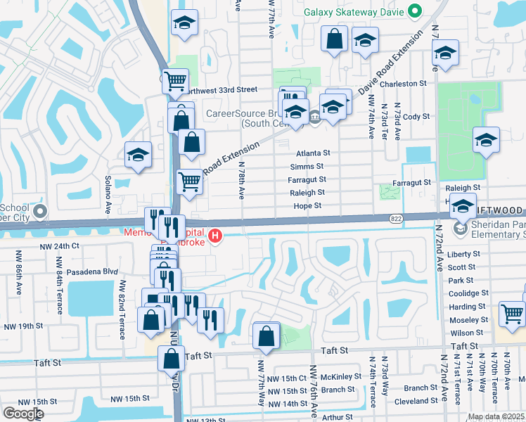 map of restaurants, bars, coffee shops, grocery stores, and more near 7761 Sheridan Street in Hollywood