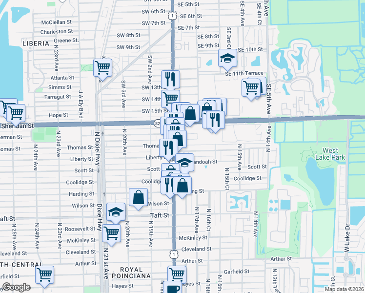 map of restaurants, bars, coffee shops, grocery stores, and more near 2145 North 17th Court in Hollywood