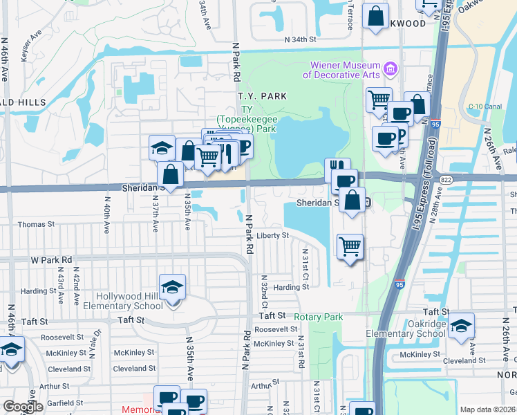 map of restaurants, bars, coffee shops, grocery stores, and more near 2200 Park Lane in Hollywood