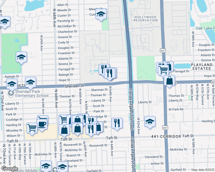 map of restaurants, bars, coffee shops, grocery stores, and more near 6410 Sherman Street in Hollywood