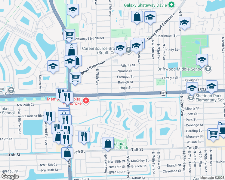 map of restaurants, bars, coffee shops, grocery stores, and more near 7691 Sheridan Street in Hollywood