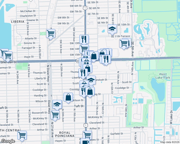 map of restaurants, bars, coffee shops, grocery stores, and more near 2145 North 17th Court in Hollywood