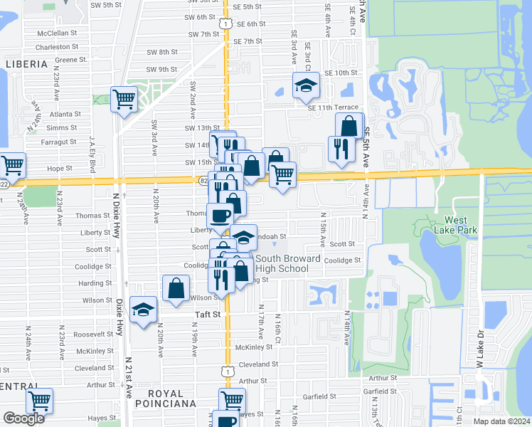 map of restaurants, bars, coffee shops, grocery stores, and more near 1639 Liberty Street in Hollywood