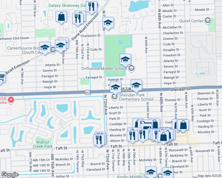 map of restaurants, bars, coffee shops, grocery stores, and more near 2310 North 70th Terrace in Hollywood