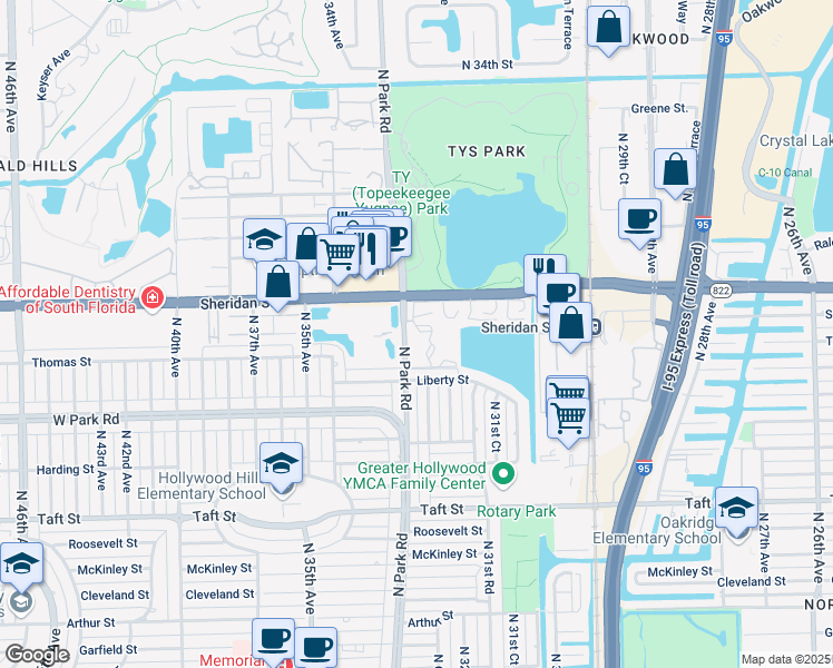 map of restaurants, bars, coffee shops, grocery stores, and more near 2300 Park Lane in Hollywood