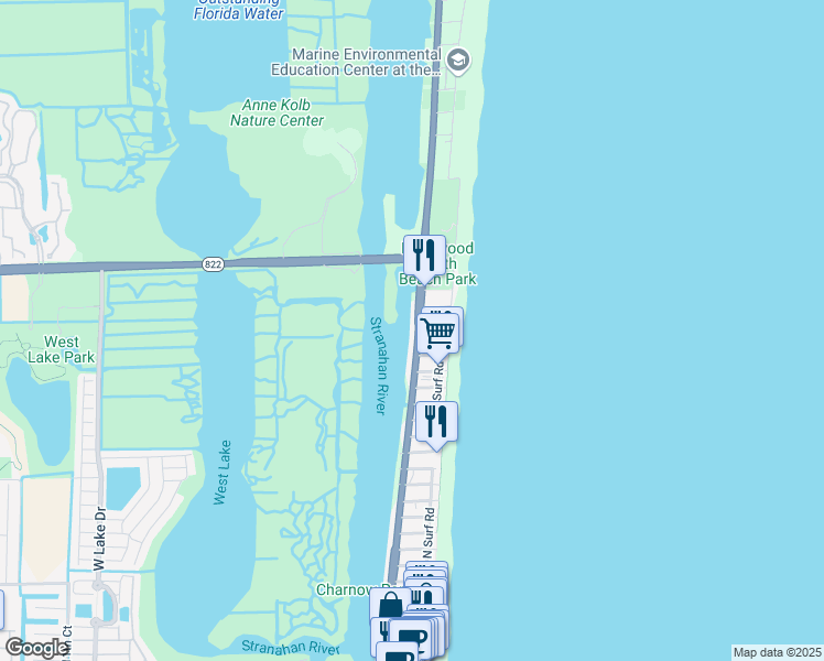 map of restaurants, bars, coffee shops, grocery stores, and more near 3208 North Ocean Drive in Hollywood