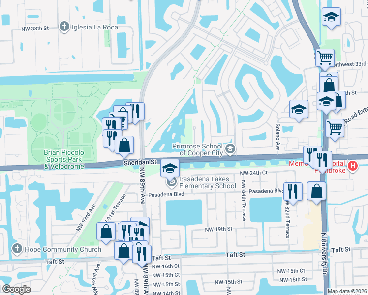map of restaurants, bars, coffee shops, grocery stores, and more near 8701 Sheridan Street in Hollywood