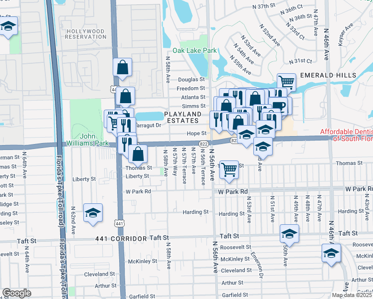 map of restaurants, bars, coffee shops, grocery stores, and more near 5641 Florida 822 in Hollywood