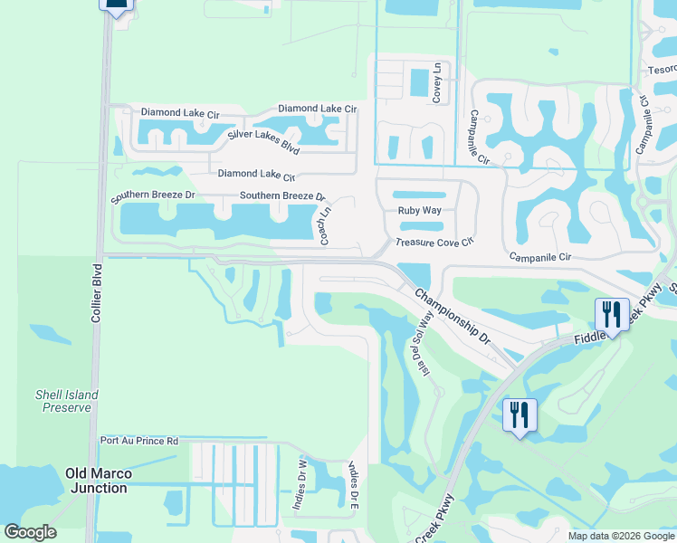 map of restaurants, bars, coffee shops, grocery stores, and more near 3985 Deer Crossing Court in Naples