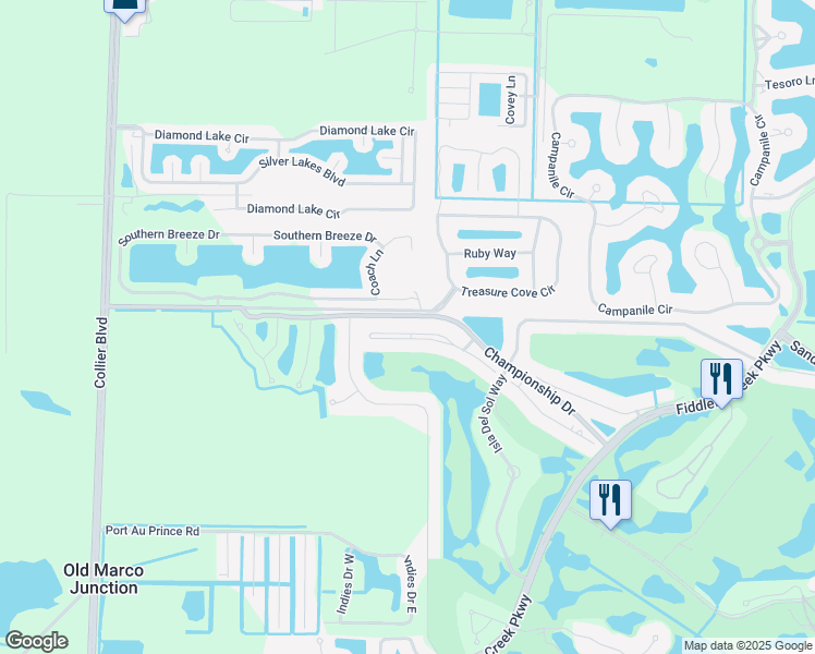 map of restaurants, bars, coffee shops, grocery stores, and more near 4388 Southern Breeze Drive in Naples