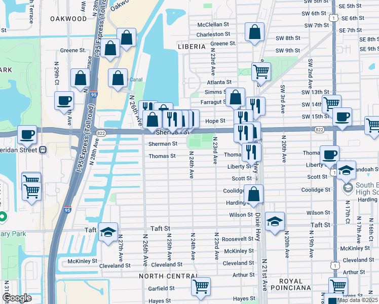 map of restaurants, bars, coffee shops, grocery stores, and more near 2350 North 24th Avenue in Hollywood