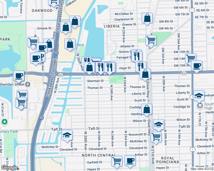 map of restaurants, bars, coffee shops, grocery stores, and more near 2350 North 24th Avenue in Hollywood
