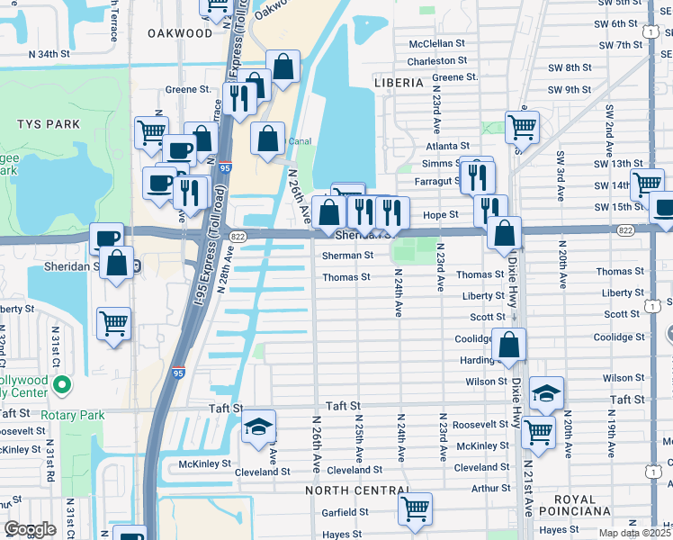 map of restaurants, bars, coffee shops, grocery stores, and more near 2527 Sherman Street in Hollywood