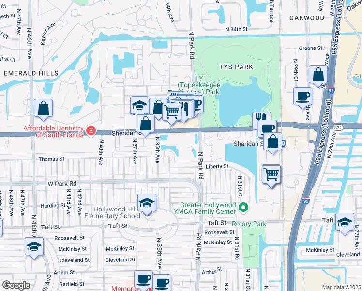 map of restaurants, bars, coffee shops, grocery stores, and more near 3347 Sheridan Street in Hollywood