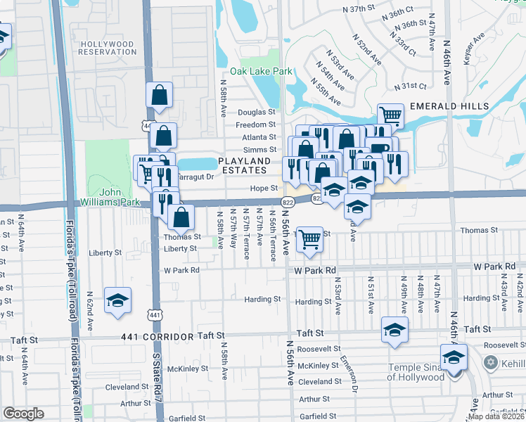 map of restaurants, bars, coffee shops, grocery stores, and more near 5641 Florida 822 in Hollywood