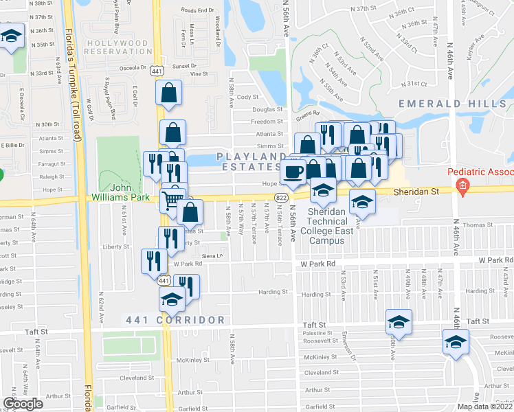 map of restaurants, bars, coffee shops, grocery stores, and more near 5641 Florida 822 in Hollywood