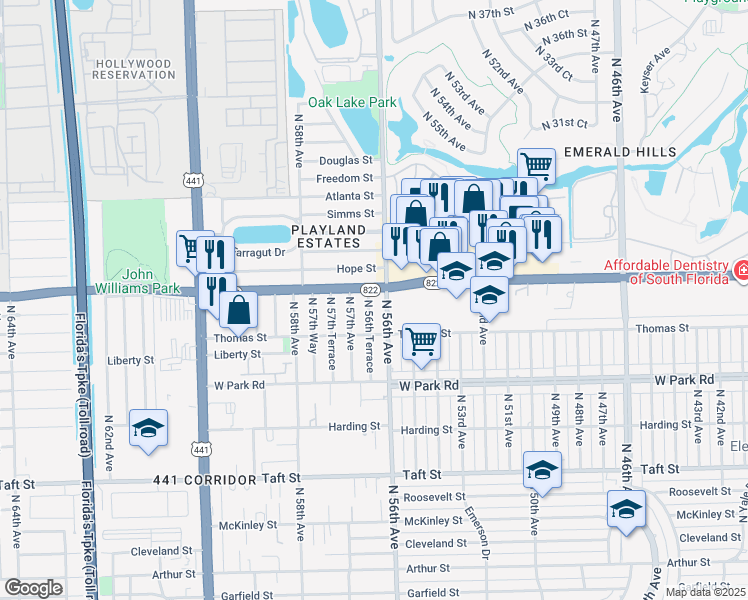 map of restaurants, bars, coffee shops, grocery stores, and more near 5601 Sheridan Street in Hollywood
